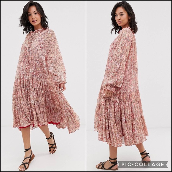 Free People Dresses & Skirts - Free People Sheer Floral Tiered Ruffle Midi Dress